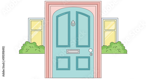 Charming Front Door with Windows and Green Bushes, Pastel Colors