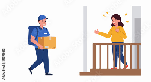 Smiling delivery man bringing a shipment box to a delighted woman receiving her online order at home.