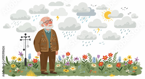Elderly man standing in a flower garden under a whimsical sky displaying mixed weather elements like rain, sun, and lightning.
