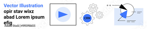 Play button in blue circle, CRM in gear icons, and segmented pie chart. Ideal for business strategy, data analysis, CRM tools, presentations, marketing, workflow simple landing page