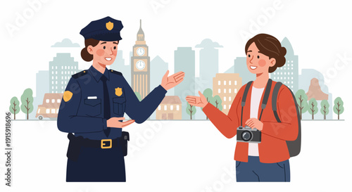 Friendly female police officer assisting a tourist with directions in an urban city setting, showcasing safety and helpful service.