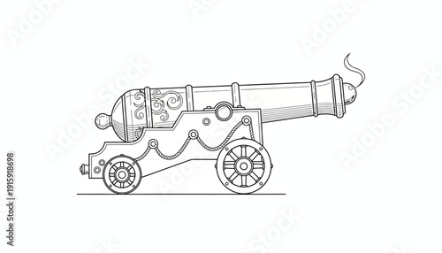 Vintage Cannon Illustration - Black and White Line Art