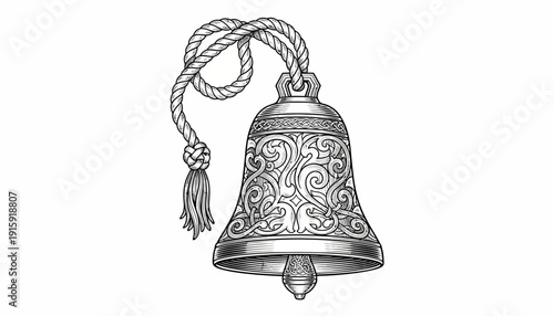 Vintage Engraved Bell with Decorative Ornate Pattern and Rope Hanger