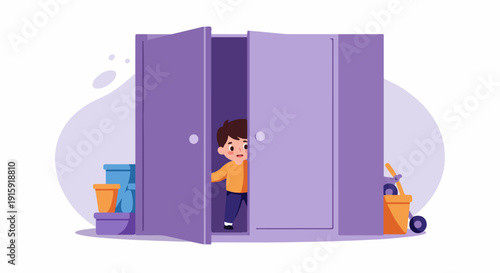 Curious young boy peeking out from behind large purple cupboard doors, discovering household cleaning supplies in a flat vector illustration.