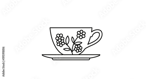 Vintage Floral Teacup and Saucer Line Art Icon