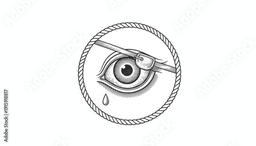 Vintage Eye with Eyepatch and Tear Drop, Nautical Rope Frame, Symbol of Loss and Sadness