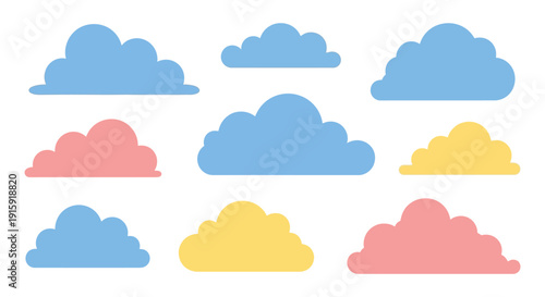 Set of Colorful Cartoon Clouds, Blue, Pink, Yellow, Isolated on White Background
