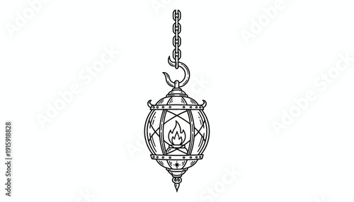 Vintage hanging lantern with flame, ornate metalwork, chain, black and white line art