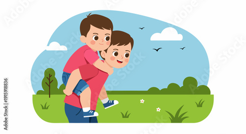 Cartoon vector illustration of two smiling brothers giving a piggyback ride while playing outdoors in a sunny park landscape.