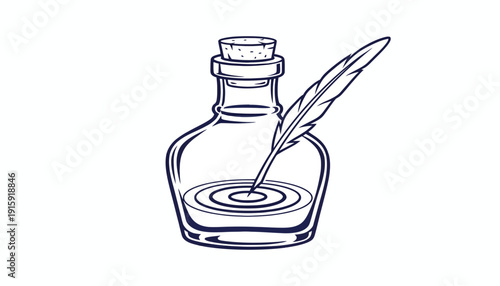 Vintage Inkwell with Quill Pen, Writing Concept, Creative Inspiration, Old Fashioned Writing Tool