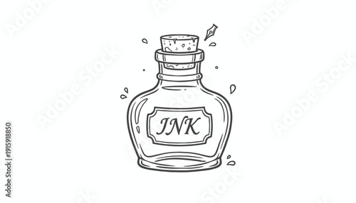 Vintage Ink Bottle with Quill Pen Nib and Splashes - Hand Drawn Illustration