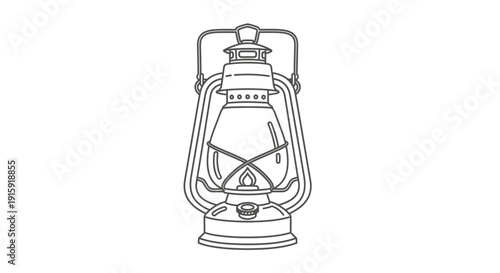 Vintage kerosene lantern, old-fashioned oil lamp with flame, retro lighting, camping equipment, black and white outline drawing