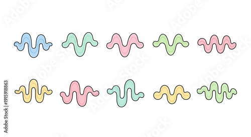 Set of Colorful Wavy Lines, Sound Wave Icons, Pastel Abstract Shapes