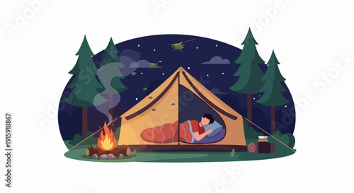 Peaceful night camping scene illustration featuring a person sleeping comfortably inside a tent next to a glowing campfire under the dark forest sky.