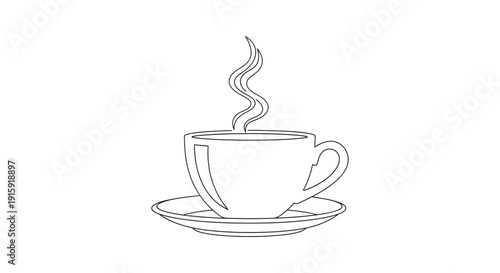 Steaming Coffee Cup on Saucer, Line Art Illustration