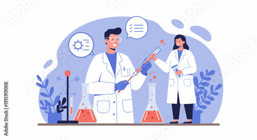 Two scientists performing experiments in a laboratory, holding test tubes and analyzing chemical results in a modern flat illustration style.