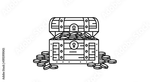Treasure Chest Overflowing with Coins - Line Art Illustration