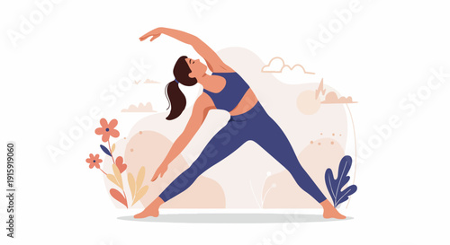 Minimalist vector illustration of a woman performing a side stretch yoga pose in a tranquil, stylized environment, promoting fitness and wellness.