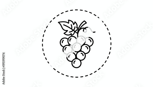 Simple Line Art Icon of Grapes with Leaf in Dotted Circle