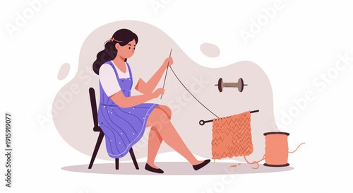 A woman sitting and knitting a garment with yarn and needles, illustrating a cozy handicraft hobby.