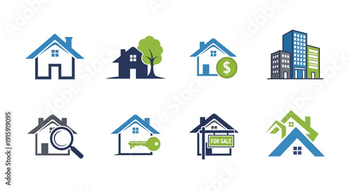 Real Estate Icons: Houses, Buildings, Money, Key, For Sale Sign, Magnifying Glass