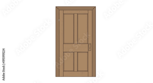 Classic Brown Interior Door with Panels and Knob Isolated