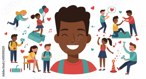 Diverse Group of Happy Children Interacting and Playing Around a Large Smiling Boy, Representing Community, Friendship, and Childhood Joy.