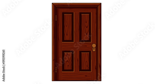 Classic Wooden Door with Four Panels and Brass Knob Isolated on White