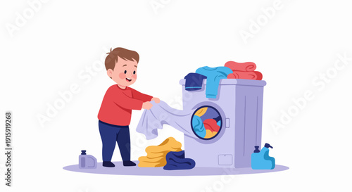 Happy little boy loading laundry into the washing machine, teaching responsibility and household chores.