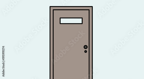 Closed brown door with glass panel and doorknob, simple illustration