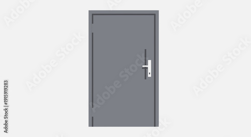 Closed gray metal door with handle on white background