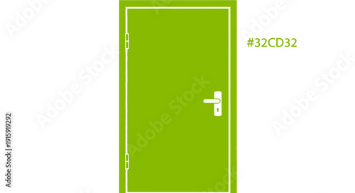 Closed Green Door with White Frame and Handle, Isolated on White