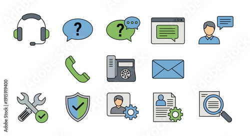 Customer Support Icons Set: Call Center, Help, Chat, Email, Service