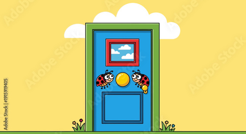 Cute Ladybugs Playing with Sun in Front of Blue Door, Childrens Illustration