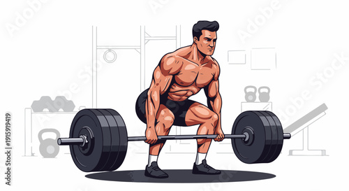 Muscular Man Performing Heavy Barbell Deadlift Workout in Gym Illustration.