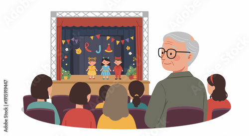 Senior man enjoying a children's school play, watching young performers on stage during a special family event.