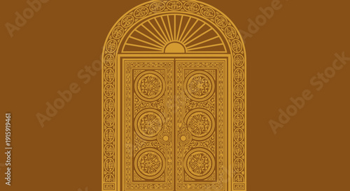 Elaborate Golden Doorway with Ornate Archway and Sunburst Motif