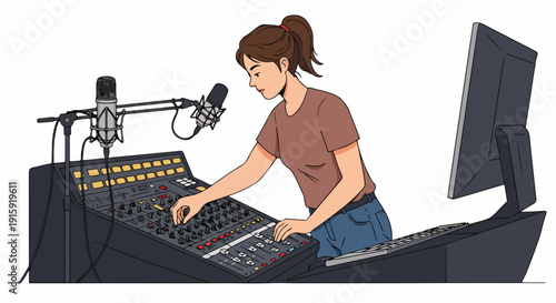 Young Woman Audio Engineer Adjusting Sound Mixer Controls for Recording or Broadcast Production