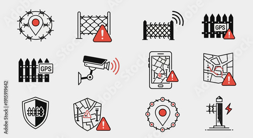 Security Icons: GPS Tracking, Surveillance, Fencing, Warning Alerts, Maps
