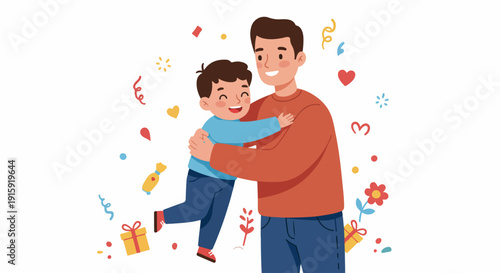 Happy Father and Son Hugging Illustration with Confetti and Gifts, Celebrating Love and Family Bond.
