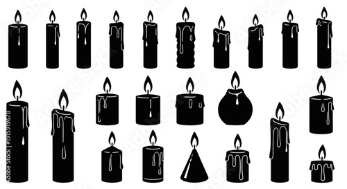 Set of Black Silhouette Candles with Dripping Wax, Various Shapes and Sizes
