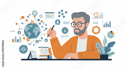 Senior professional analyzing global business data, surrounded by graphs, network connections, and strategy visualization icons.