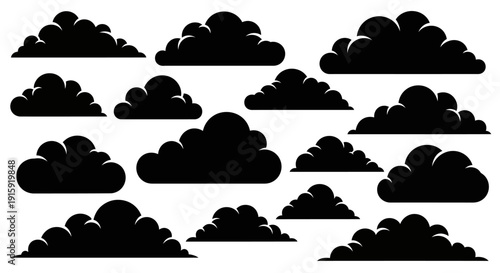 Collection of Black Silhouette Clouds on White Background - Vector Graphics