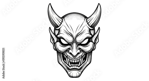Scary Oni Mask Tattoo Design, Japanese Demon Face with Horns, Evil Spirit Illustration