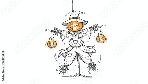 Scary Halloween Scarecrow with Pumpkin Head and Lanterns, Hand-Drawn Sketch