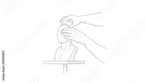 Sculptor's hands shaping clay bust on stand, artistic creation process