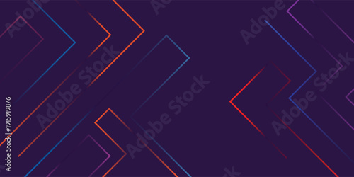 Abstract dark purple background with glowing blue, orange, and red geometric lines forming angular patterns and arrow shapes, creating a modern digital design.