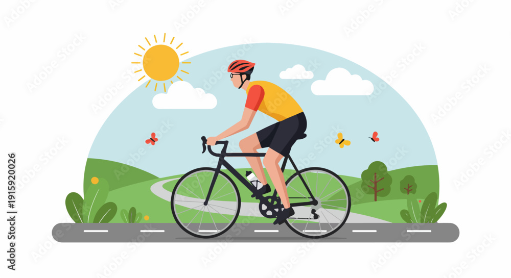 Fototapeta premium Happy cyclist riding a bicycle on a scenic summer road through green park hills under a sunny sky.