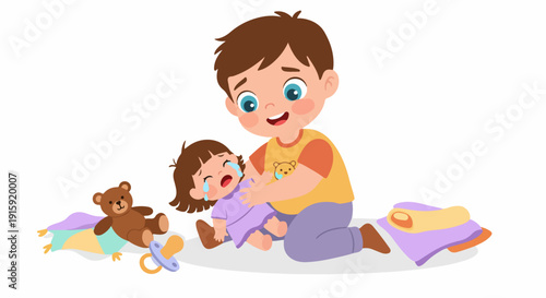 Happy big brother comforting his sad, crying little sister, illustrating sibling care and emotional support in childhood.