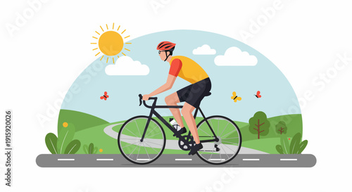 Happy cyclist riding a bicycle on a scenic summer road through green park hills under a sunny sky.